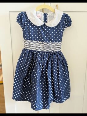 Classic Navy Polka Dot Smocked Girls Dress with White Collar